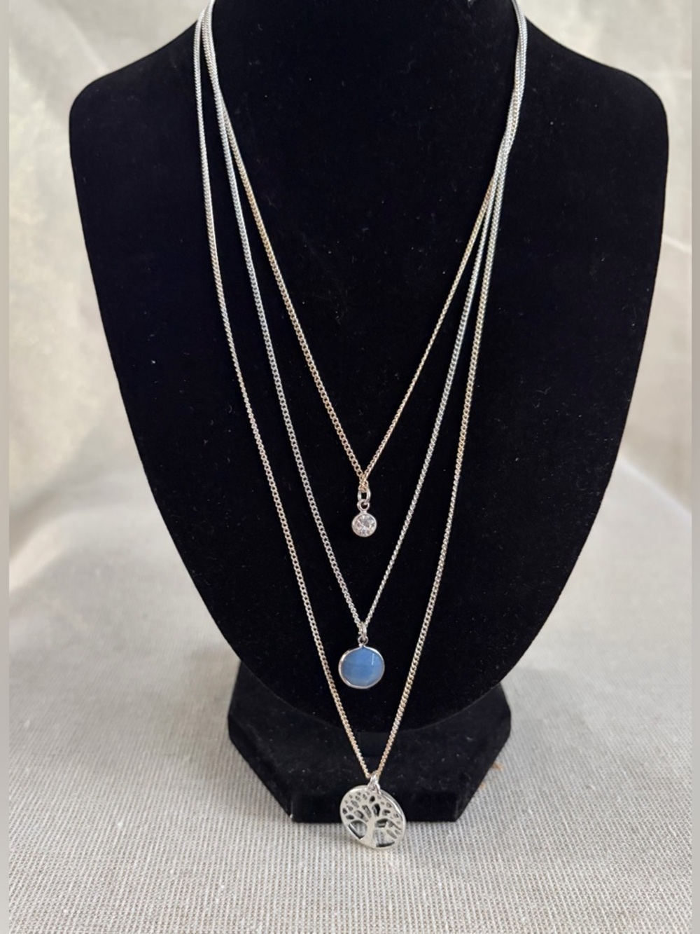 Layered Silver tone Necklace with Blue Stone and Tree Pendant